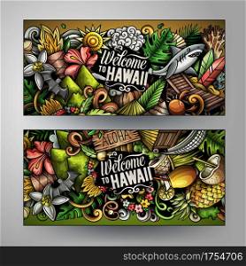 Cartoon cute colorful vector doodles Hawaii corporate identity. 2 horizontal banners design. Templates set. Cartoon cute colorful vector doodles Hawaii banners