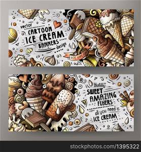 Cartoon cute colorful vector doodles ice cream corporate identity. 2 horizontal banners design detailed with lots of separated objects. Templates set. Cartoon vector doodles ice cream banners