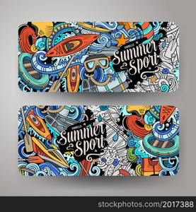 Cartoon cute colorful vector doodles Water Sports corporate identity. 2 horizontal banners design. Templates set. Cartoon cute colorful vector doodles Water Sports banners