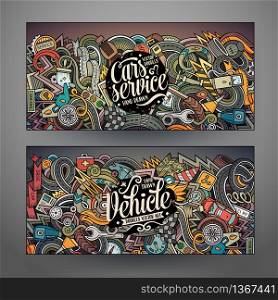 Cartoon cute colorful vector hand drawn doodles Aautomobile corporate identity. 2 horizontal banners design. Templates set. Cartoon vector hand drawn doodles Aautomobile horizontal banners