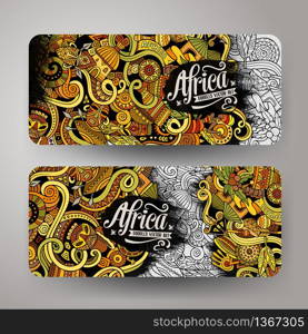 Cartoon cute colorful vector hand drawn doodles Africa corporate identity. 2 horizontal banners design. Templates set. Cartoon cute vector doodles Africa banners