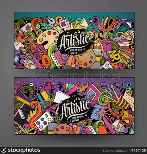 Cartoon cute colorful vector hand drawn doodles Artist corporate identity. 2 horizontal banners design. Templates set. All objects separate. Cartoon cute colorful vector hand drawn doodles Artist banners design