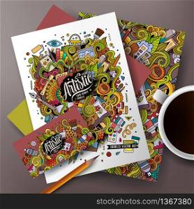 Cartoon cute colorful vector hand drawn doodles artistic corporate identity set. Templates design of business card, flyers, posters, papers on the table.. Cartoon art vector corporate identity set