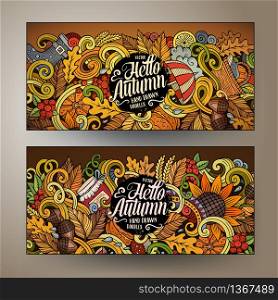 Cartoon cute colorful vector hand drawn doodles Autumn corporate identity. 2 horizontal banners design. Templates set. Cartoon doodles Autumn banners