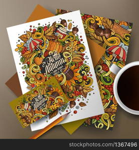 Cartoon cute colorful vector hand drawn doodles Autumn corporate identity set. Templates design of business card, flyers, posters, papers on the table.. Cartoon doodles Autumn corporate identity set