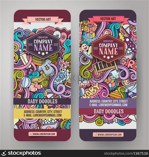 Cartoon cute colorful vector hand drawn doodles baby corporate identity. 2 vertical banners design. Templates set. Cartoon vector doodles baby boom banners