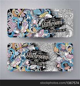 Cartoon cute colorful vector hand drawn doodles Bathroom horizontal banners design. Templates set. Cartoon vector doodles Bathroom vertical banners