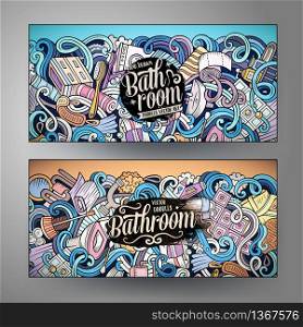 Cartoon cute colorful vector hand drawn doodles Bathroom horizontal banners design. Templates set. Cartoon vector doodles Bathroom vertical banners