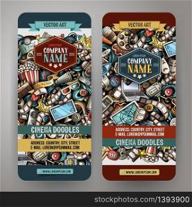 Cartoon cute colorful vector hand drawn doodles Cinema corporate identity. 2 vertical banners design. Templates set. All objects separate. Cartoon vector doodles Cinema vertical banners