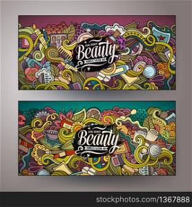 Cartoon cute colorful vector hand drawn doodles cosmetic corporate identity. 2 horizontal beauty banners design. Templates set. Cartoon hand drawn doodles cosmetic corporate identity set