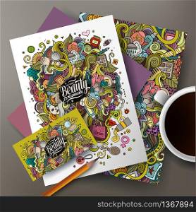 Cartoon cute colorful vector hand drawn doodles cosmetic corporate identity set. Templates design of business card, flyers, posters, papers on the table.. Cartoon doodles cosmetic corporate identity set