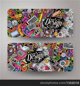 Cartoon cute colorful vector hand drawn doodles Designer corporate identity. 2 horizontal banners design. Templates set. All objects separate. Cartoon cute colorful vector hand drawn doodles Designer banners