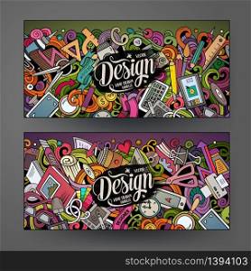 Cartoon cute colorful vector hand drawn doodles Designer corporate identity. 2 horizontal banners design. Templates set. All objects separate. Cartoon cute colorful vector hand drawn doodles Designer banners design