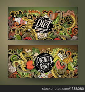 Cartoon cute colorful vector hand drawn doodles Diet corporate identity. 2 horizontal banners design. Templates set. Cartoon cute colorful vector hand drawn doodles Diet vertical banners