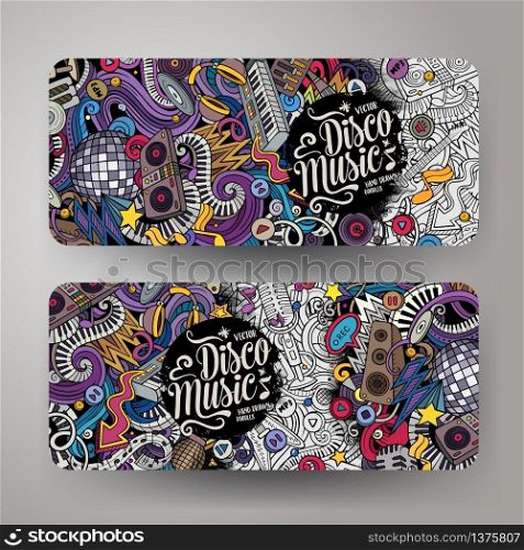 Cartoon cute colorful vector hand drawn doodles Disco music corporate identity. 2 horizontal banners design. Templates set. All objects are separate. Cartoon cute colorful vector hand drawn doodles Disco music banners