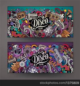 Cartoon cute colorful vector hand drawn doodles Disco music corporate identity. 2 horizontal banners design. Templates set. All objects are separate. Cartoon cute colorful vector hand drawn doodles Disco music horizontal banners