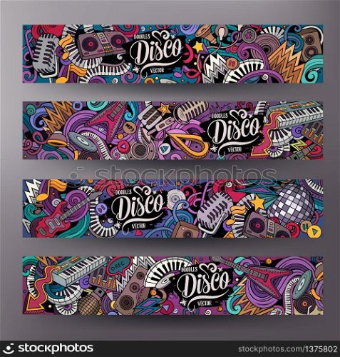 Cartoon cute colorful vector hand drawn doodles Disco music corporate identity. 4 horizontal banners design. Templates set. All objects are separate. Cartoon cute colorful vector hand drawn doodles Disco music horizontal banners