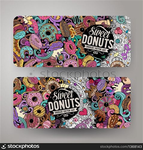 Cartoon cute colorful vector hand drawn doodles Donuts corporate identity. 2 horizontal banners design. Templates set. All objects separate. Cartoon cute colorful vector hand drawn doodles Donuts banners