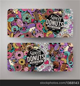 Cartoon cute colorful vector hand drawn doodles Donuts corporate identity. 2 horizontal banners design. Templates set. All objects separate. Cartoon cute colorful vector hand drawn doodles Donuts banners
