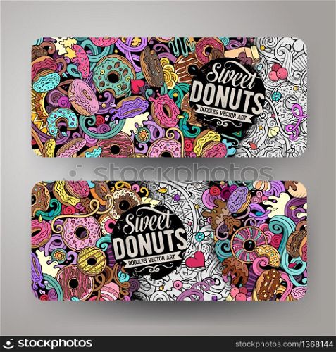 Cartoon cute colorful vector hand drawn doodles Donuts corporate identity. 2 horizontal banners design. Templates set. All objects separate. Cartoon cute colorful vector hand drawn doodles Donuts banners design