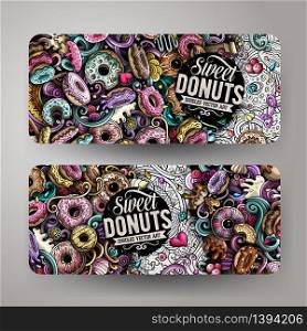 Cartoon cute colorful vector hand drawn doodles Donuts corporate identity. 2 horizontal banners design. Templates set. All objects separate. Cartoon cute colorful vector hand drawn doodles Donuts banners design