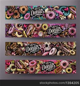 Cartoon cute colorful vector hand drawn doodles Donuts corporate identity. 4 horizontal banners design. Templates set. All objects separate. Cartoon cute colorful vector hand drawn doodles Donuts banners design