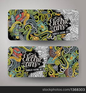Cartoon cute colorful vector hand drawn doodles electric cars corporate identity. 2 horizontal banners design. Templates set. Cartoon doodles electric cars banners