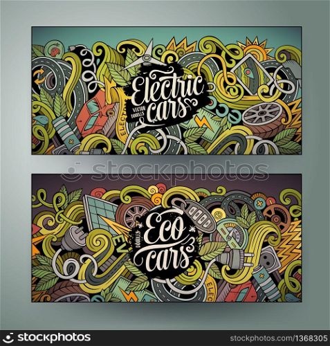 Cartoon cute colorful vector hand drawn doodles electric cars corporate identity. 2 horizontal banners design. Templates set. Cartoon doodles electric cars banners