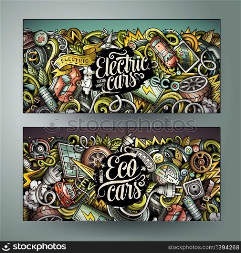 Cartoon cute colorful vector hand drawn doodles electric cars corporate identity. 2 horizontal banners design. Templates set. All objects separate. Cartoon doodles electric cars banners