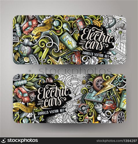 Cartoon cute colorful vector hand drawn doodles electric cars corporate identity. 2 horizontal banners design. Templates set. All objects separate. Cartoon doodles electric cars banners