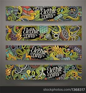 Cartoon cute colorful vector hand drawn doodles electric cars corporate identity. 4 horizontal banners design. Templates set. Cartoon doodles electric cars banners