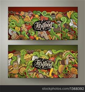 Cartoon cute colorful vector hand drawn doodles fast food corporate identity. 2 horizontal banners design. Templates set. Corporate Identity fastfood theme vector set