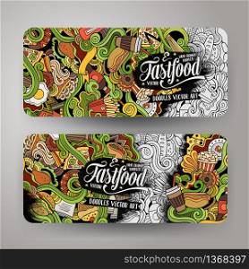 Cartoon cute colorful vector hand drawn doodles fast food corporate identity. 2 horizontal banners design. Templates set. Corporate Identity fastfood theme vector set