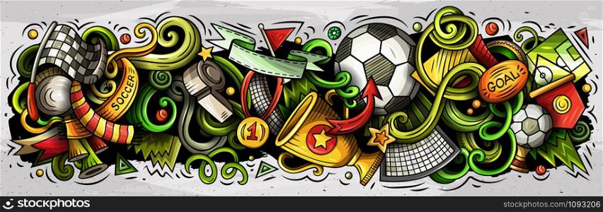 Cartoon cute colorful vector hand drawn doodles Football composition. horizontal banner design. All objects separate. Cartoon vector doodles Football banners compositions set