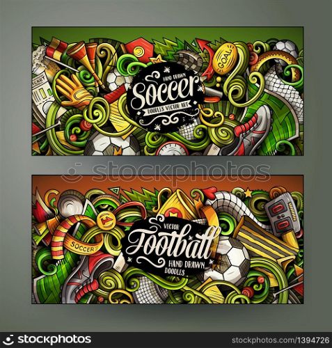 Cartoon cute colorful vector hand drawn doodles Football corporate identity. 2 horizontal banners design. Templates set. All objects separate. Cartoon vector doodles Football horizontal banners