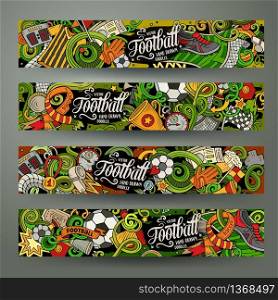 Cartoon cute colorful vector hand drawn doodles Football corporate identity. 4 horizontal banners design. Templates set. All objects separate. Cartoon vector doodles Football horizontal banners