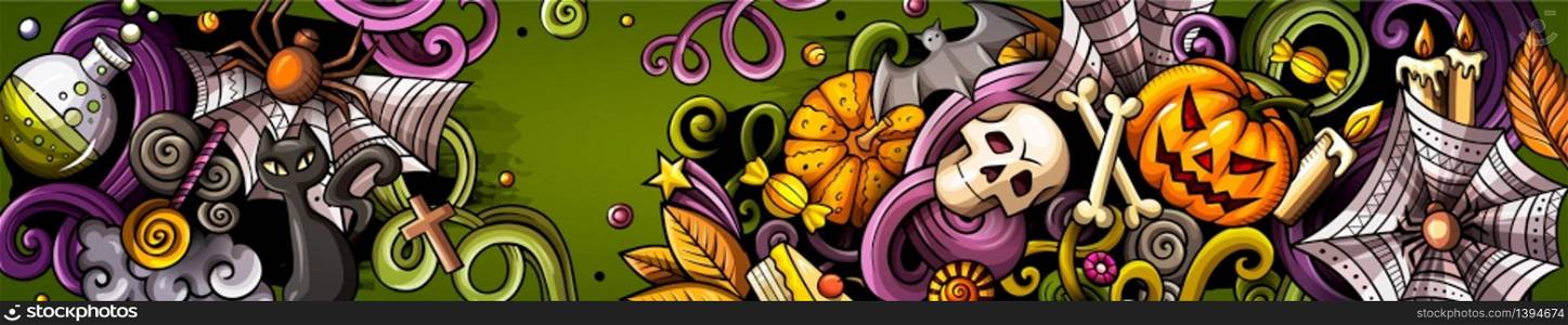 Cartoon cute colorful vector hand drawn doodles Halloween background. Horizontal banner design. All objects separate. Cartoon cute colorful vector hand drawn doodles Halloween banner
