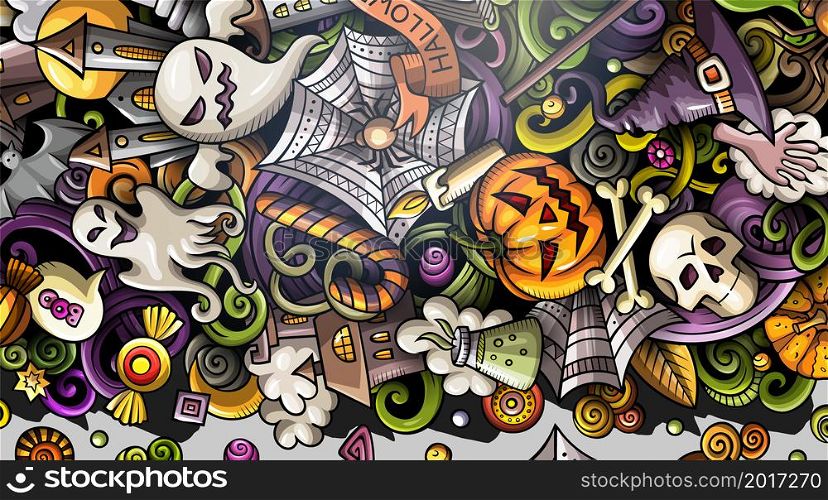 Cartoon cute colorful vector hand drawn doodles Halloween background. Horizontal banner design. All objects separate. Cartoon cute colorful vector hand drawn doodles Halloween banner