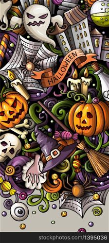 Cartoon cute colorful vector hand drawn doodles Halloween background. Vertical banner design. All objects separate. Cartoon cute colorful vector hand drawn doodles Halloween banner