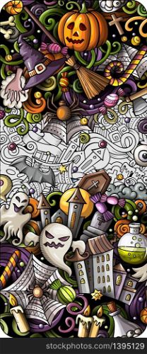 Cartoon cute colorful vector hand drawn doodles Halloween background. Vertical banner design. All objects separate. Cartoon cute colorful vector hand drawn doodles Halloween banner