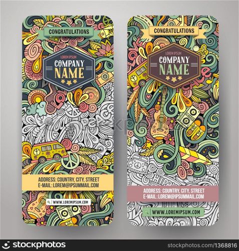 Cartoon cute colorful vector hand drawn doodles hippie corporate identity. 2 vertical banners design. Templates set. Cartoon vector doodles hippie banners