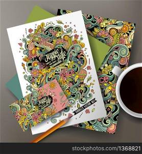 Cartoon cute colorful vector hand drawn doodles Hippie corporate identity set. Templates design of business card, flyers, posters, papers on the table.. Cartoon vector doodles hippie corporate identity