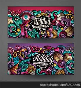 Cartoon cute colorful vector hand drawn doodles holidays corporate identity. 2 horizontal banners design. Templates set. Cartoon hand-drawn doodles holidays banners