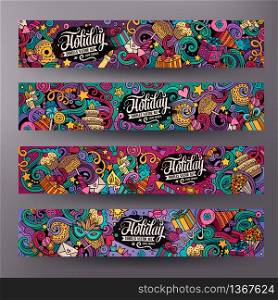 Cartoon cute colorful vector hand drawn doodles holidays corporate identity. 4 horizontal banners design. Templates set. Cartoon hand-drawn doodles holidays banners