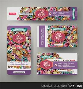 Cartoon cute colorful vector hand drawn doodles ice cream corporate identity set. Templates design of banners, id cards, flyer. Cartoon doodles ice cream corporate identity set