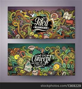 Cartoon cute colorful vector hand drawn doodles Idea corporate identity. 2 horizontal banners design. Templates set. Cartoon vector hand drawn doodles Idea banners