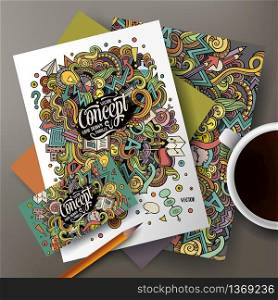 Cartoon cute colorful vector hand drawn doodles Idea corporate identity set. Templates design of business card, flyers, posters, papers on the table. Cartoon doodles Idea corporate identity set