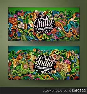 Cartoon cute colorful vector hand drawn doodles India corporate identity. 2 horizontal banners design. Templates set. Cartoon vector hand drawn doodles India banners