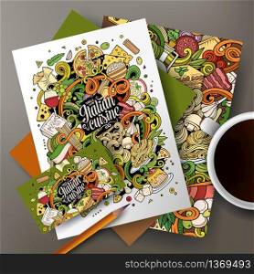Cartoon cute colorful vector hand drawn doodles Italian food corporate identity set. Templates design of business card, flyers, posters, papers on the table.. Cartoon hand-drawn doodles italian food corporate identity