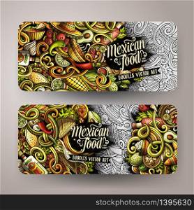Cartoon cute colorful vector hand drawn doodles Mexican food corporate identity. 2 horizontal banners design. Templates set. All objects separate. Cartoon vector doodles Mexican food horizontal banners